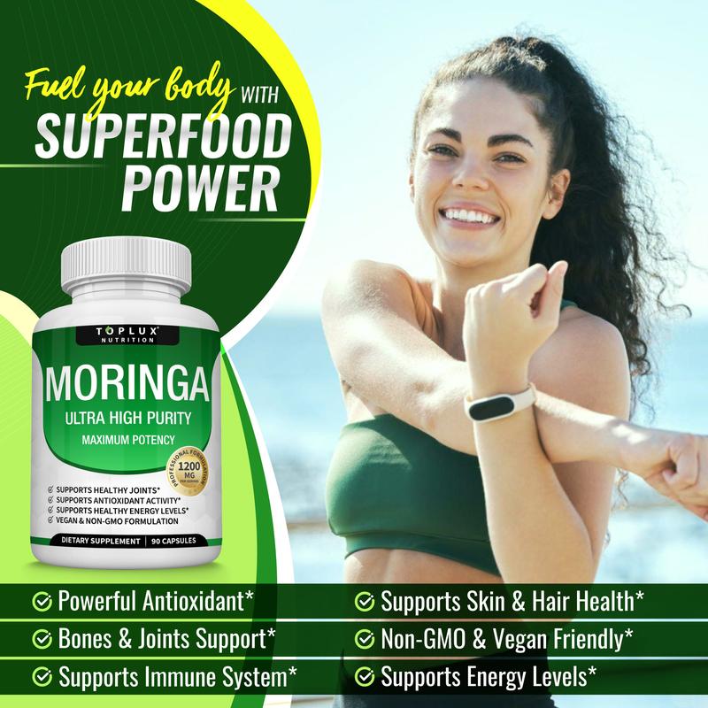 Moringa Capsules 1200mg - Pure Moringa Powder for Immune, Gut health