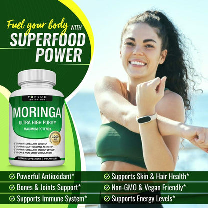 Moringa Capsules 1200mg - Pure Moringa Powder for Immune, Gut health