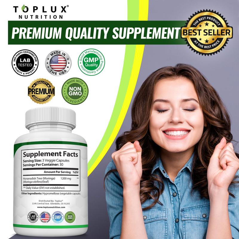 Moringa Capsules 1200mg - Pure Moringa Powder for Immune, Gut health