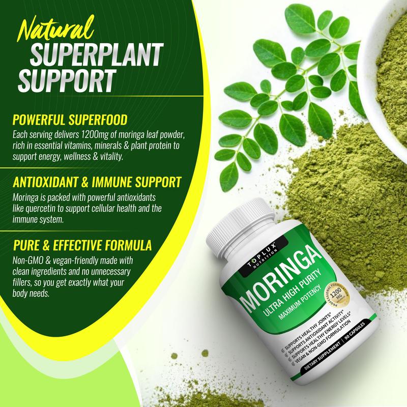 Moringa Capsules 1200mg - Pure Moringa Powder for Immune, Gut health