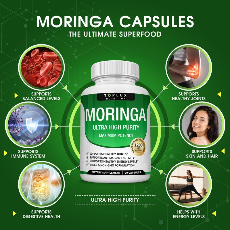 Moringa Capsules 1200mg - Pure Moringa Powder for Immune, Gut health